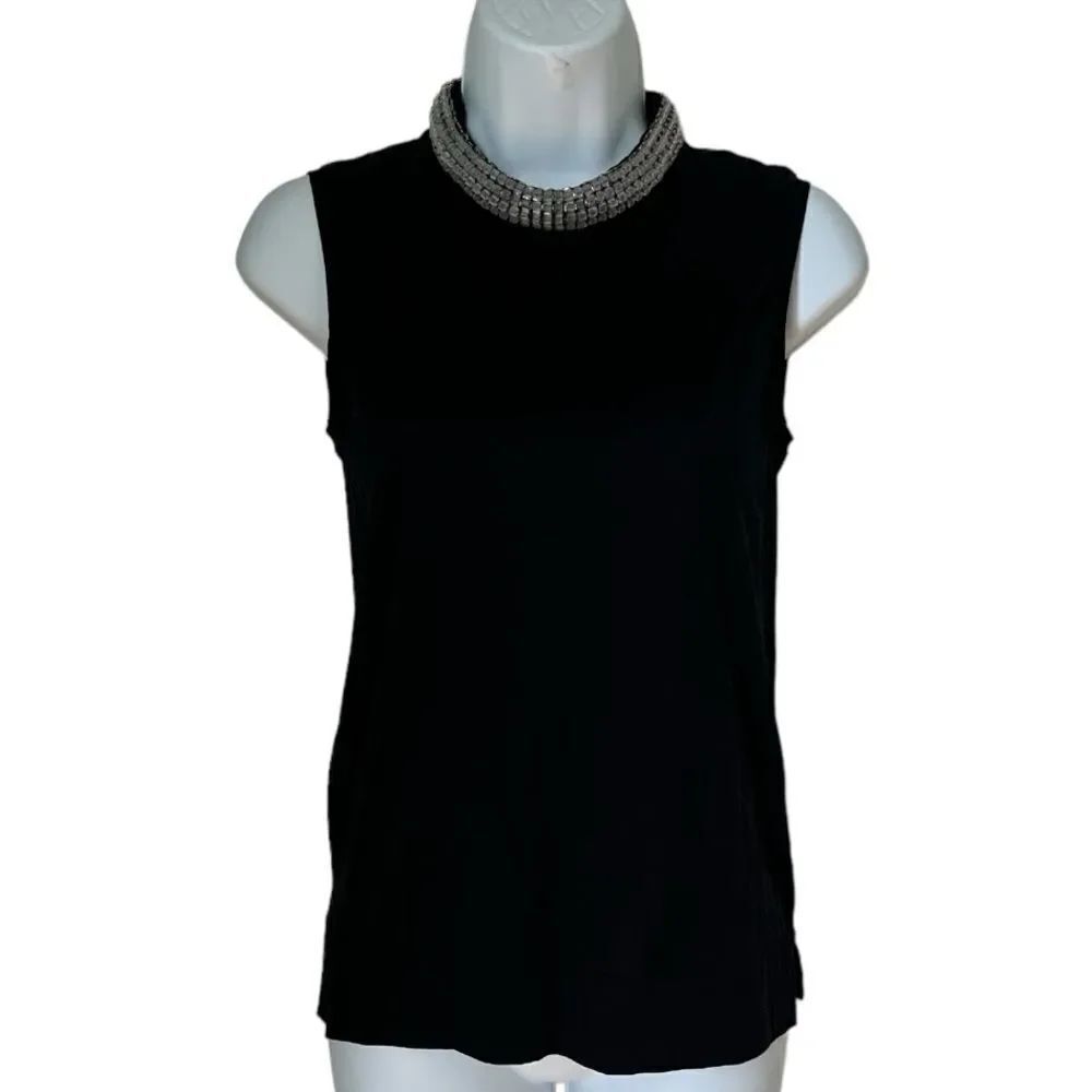 Club Monaco Women's Black Embellished Neckline Knit Mockneck Tank Blouse sz XS